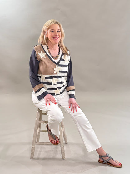 Patriotic Patchwork Star V-Neck Top