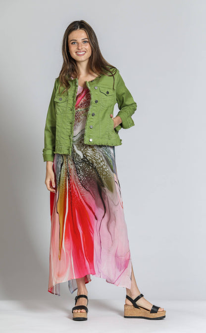 Turtle Green Collarless Jean Jacket With Frayed Detail