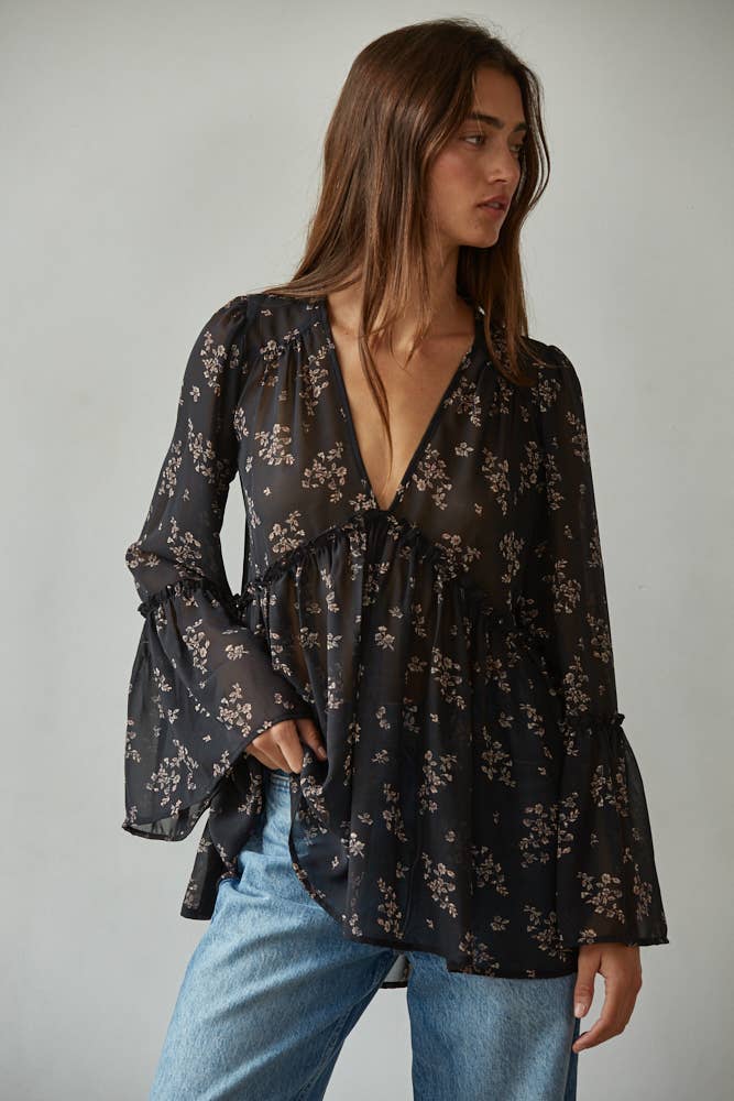 Woven Polyester Chiffon See Through Floral Blouse with Ruffle Trim Detail
