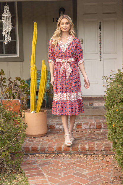 Mixed Print Waist Tie Dress