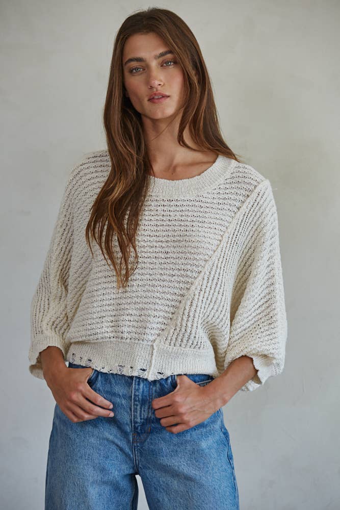 Knit Sweater Round Neck 3/4 Sleeve Pullover Top