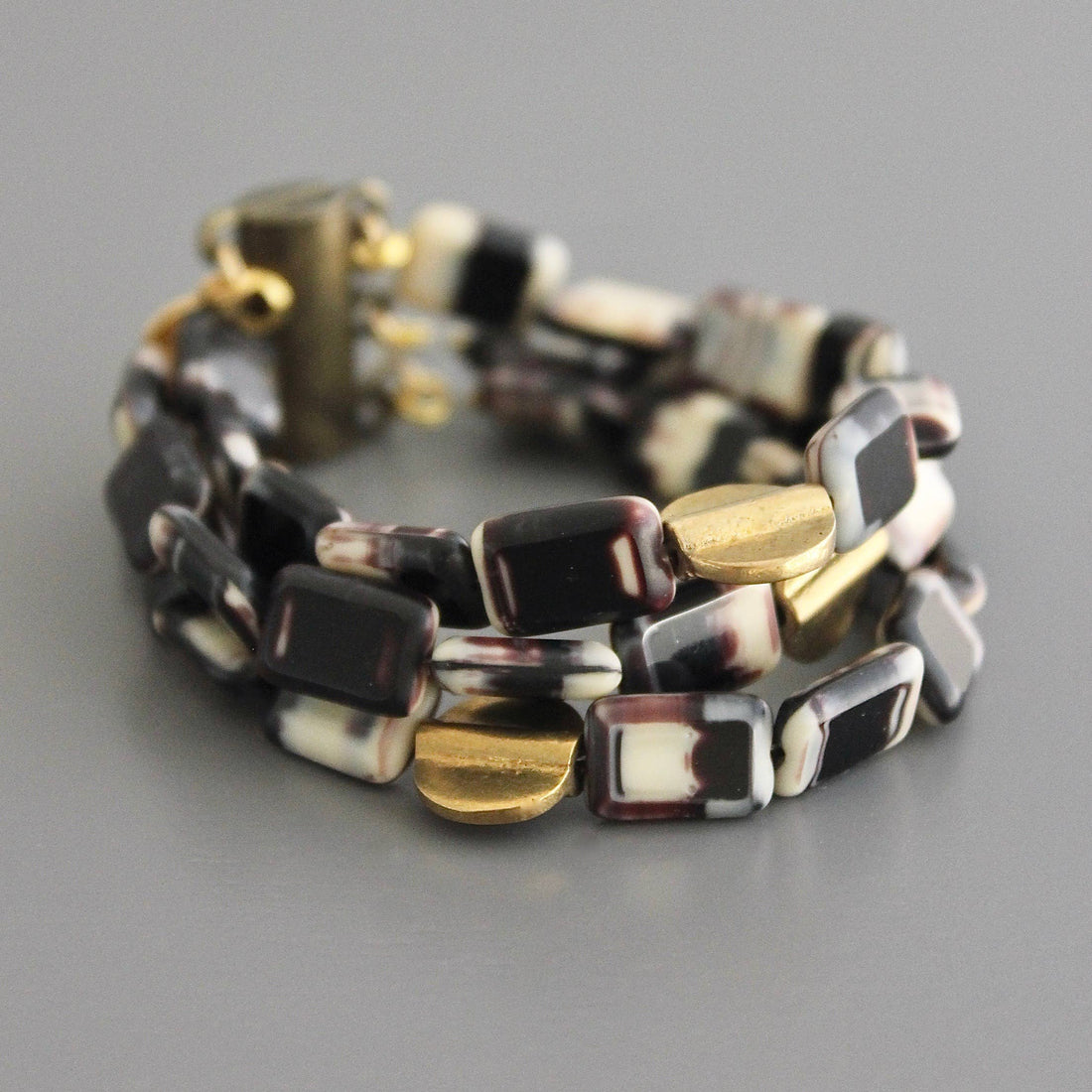 Glass and Brass Triple Strand Bracelet