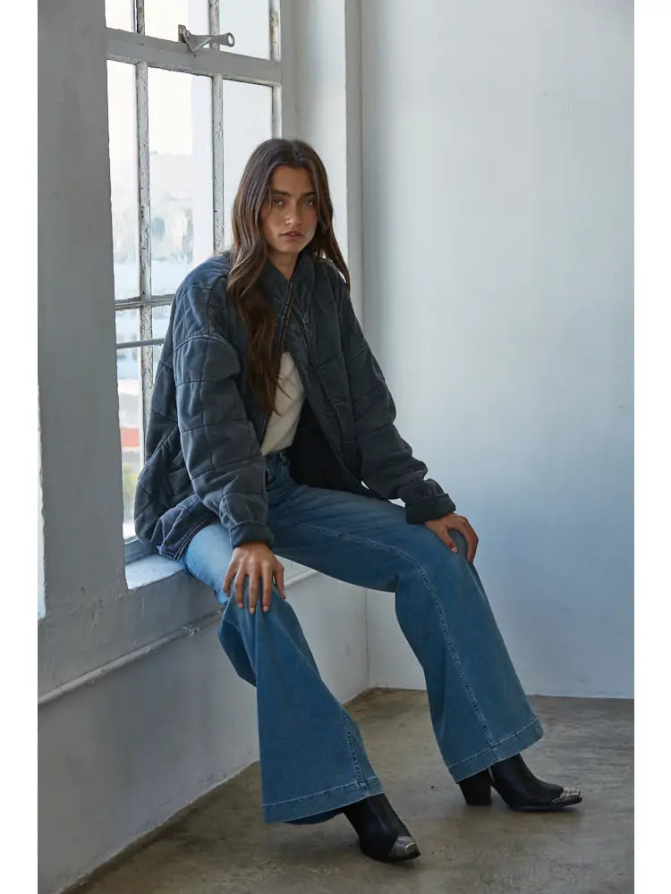 Long Sleeve Quilted Knit Mineral Washed Jacket