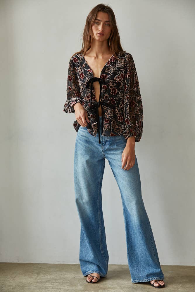 Woven Polyester Nylon Velvet Floral Print Blouse Top