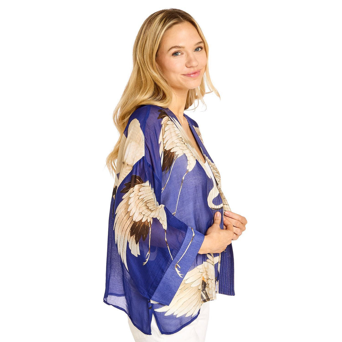 Cobalt Heron Print Short Kimono