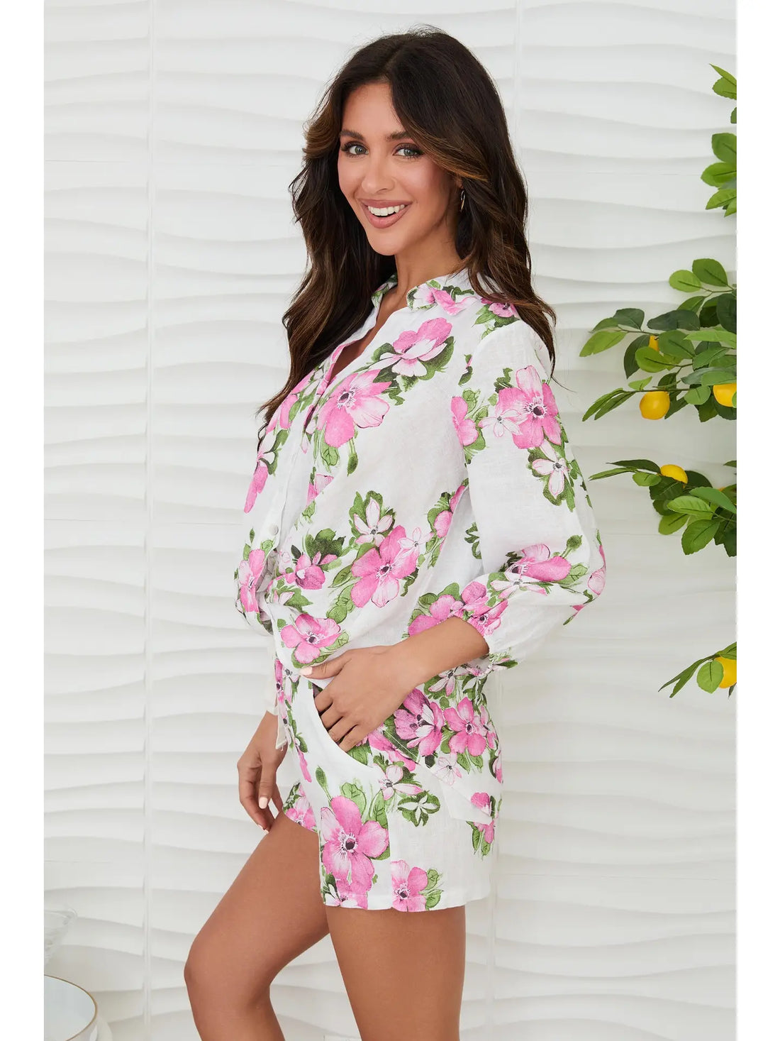 Hibiscus Rose Print Linen Long Sleeve Top