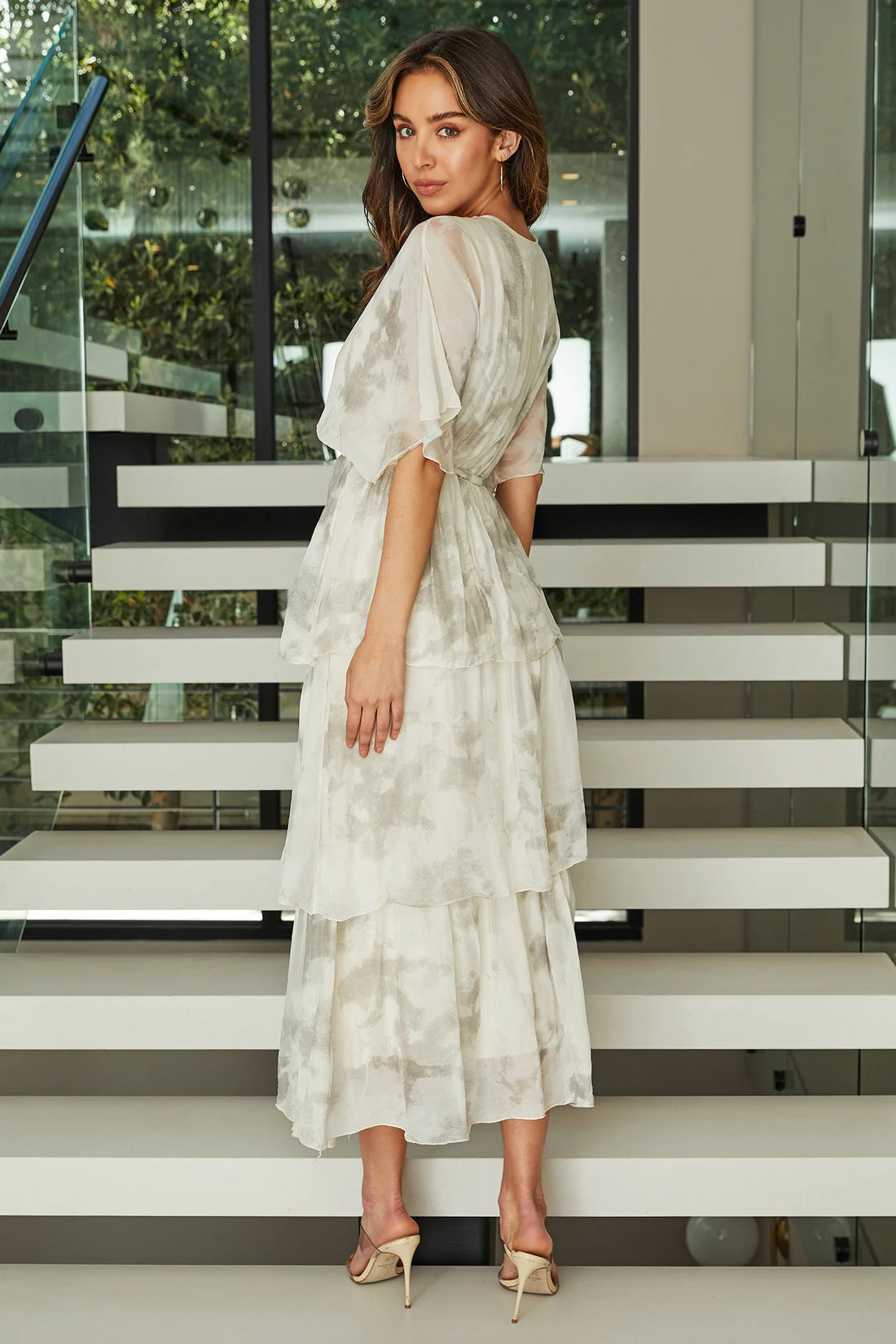Splatter Print Empire Waist Tiered Silk Dress