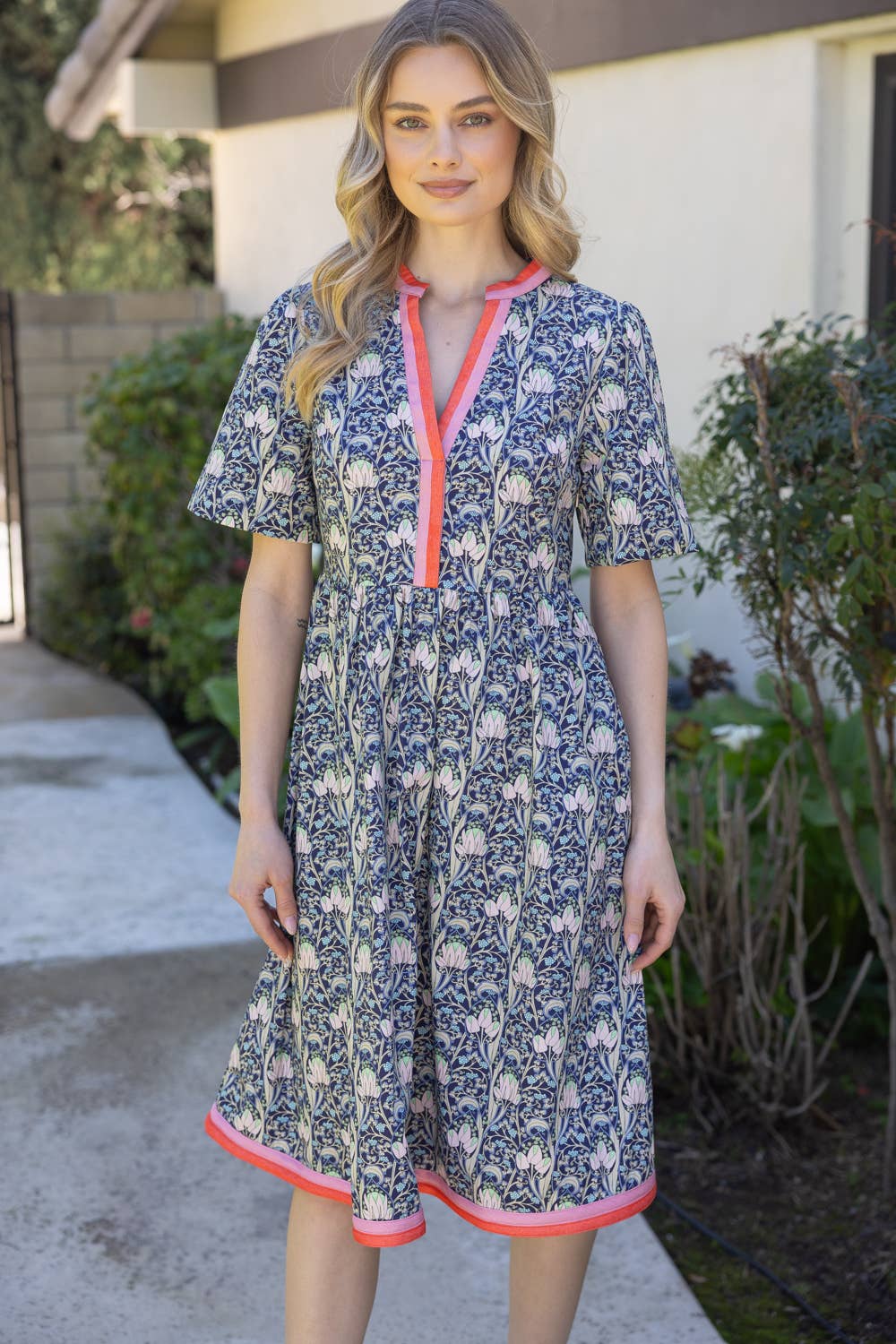 Contrast Stripe Detailed Floral Print Midi Dress
