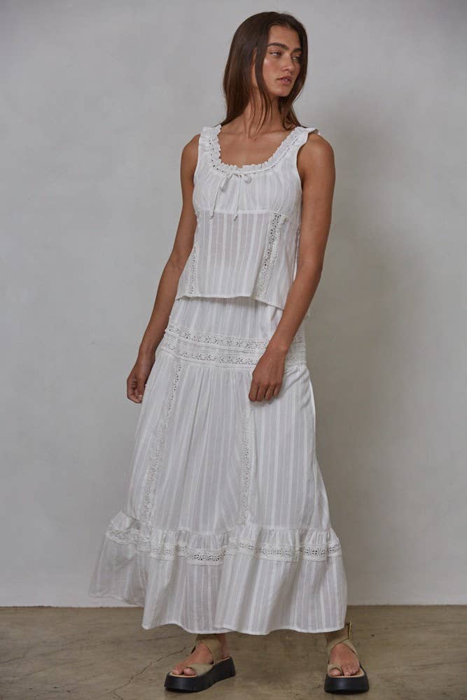 Woven Cotton Lace Detail Flare Midi Skirt