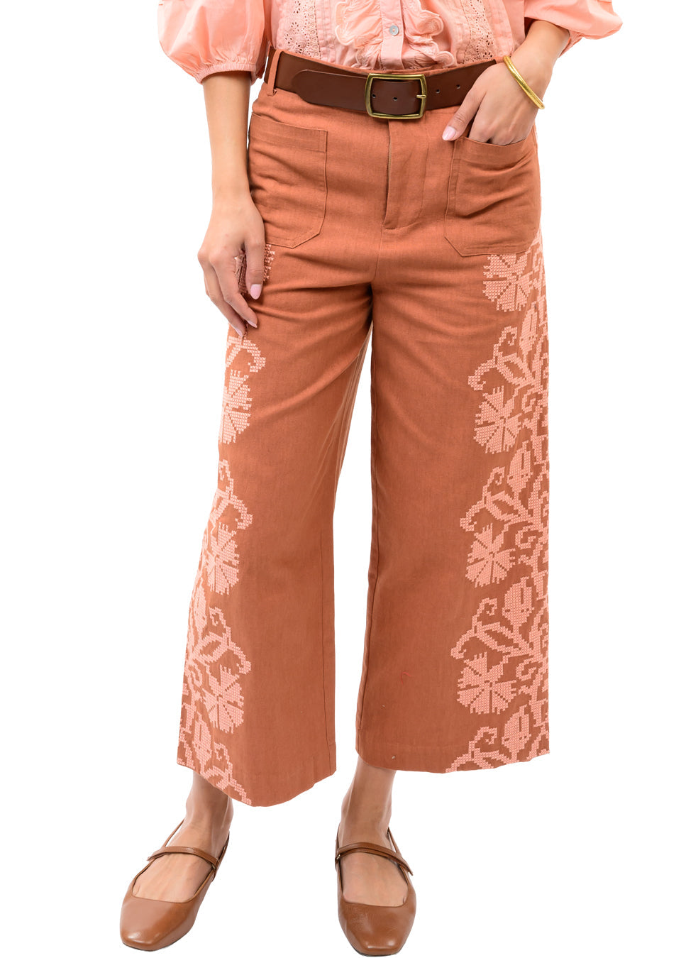 Embroidered Terracotta Wide-Leg Pants
