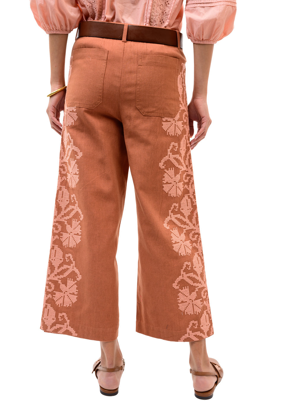 Embroidered Terracotta Wide-Leg Pants
