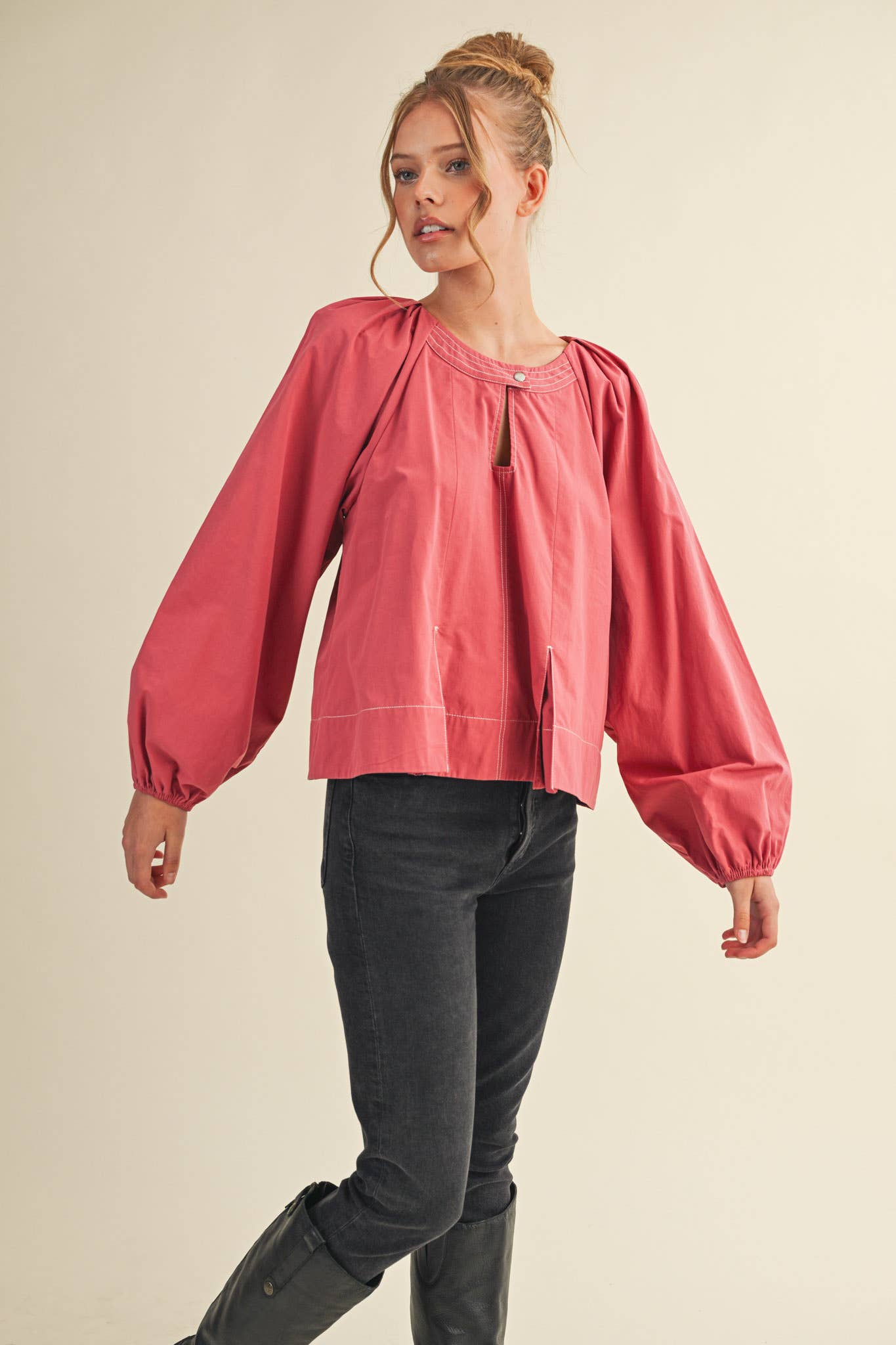 Contrast Stitch Pleated Blouse