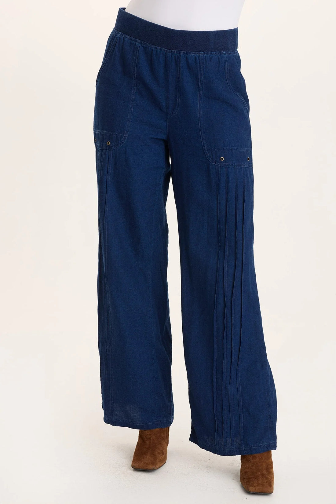 Indigo Twill Mock-Denim Wide-Leg Pull-On Pant