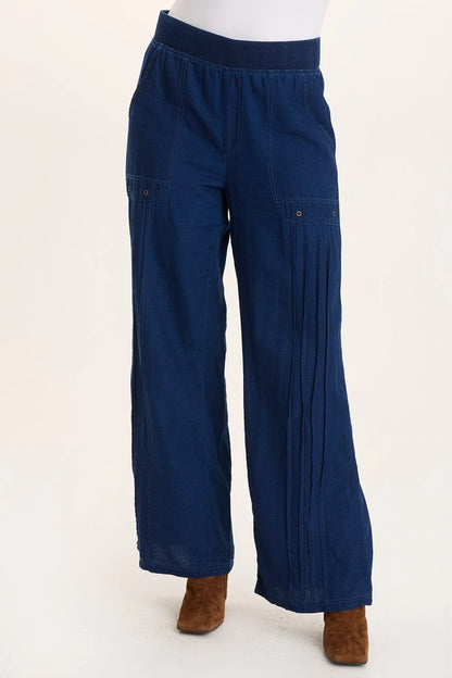 Indigo Twill Mock-Denim Wide-Leg Pull-On Pant