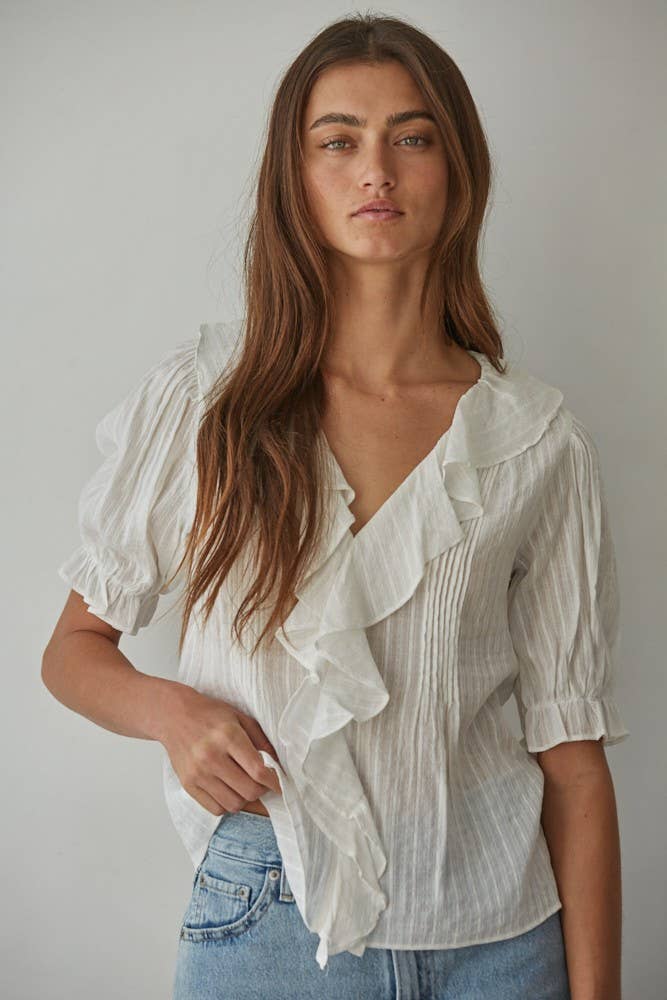 Woven Cotton Buttondown V-Neck Short Sleeve Top