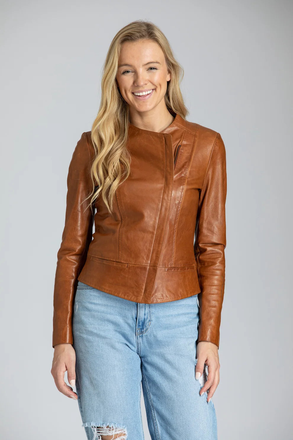 Collarless Lamb Leather Zip Up Jacket