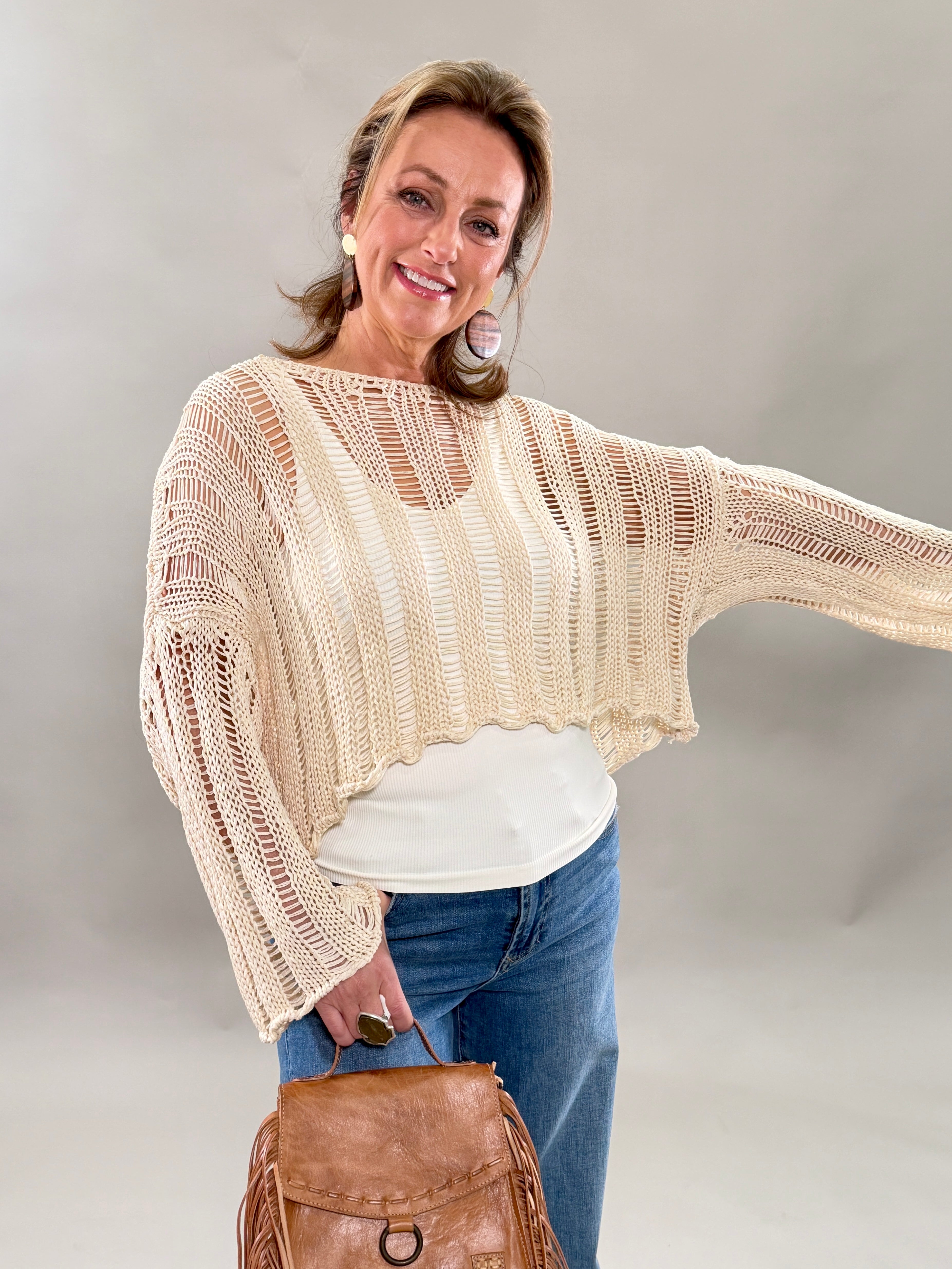 Crew Neck Long Sleeve Open Knit Crochet Top