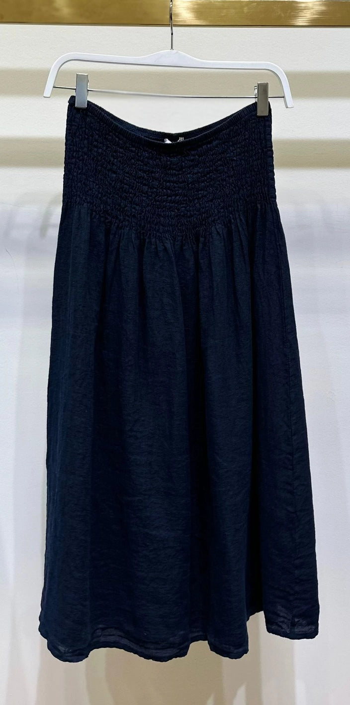 Linen Shirred Waist A-Line Skirt