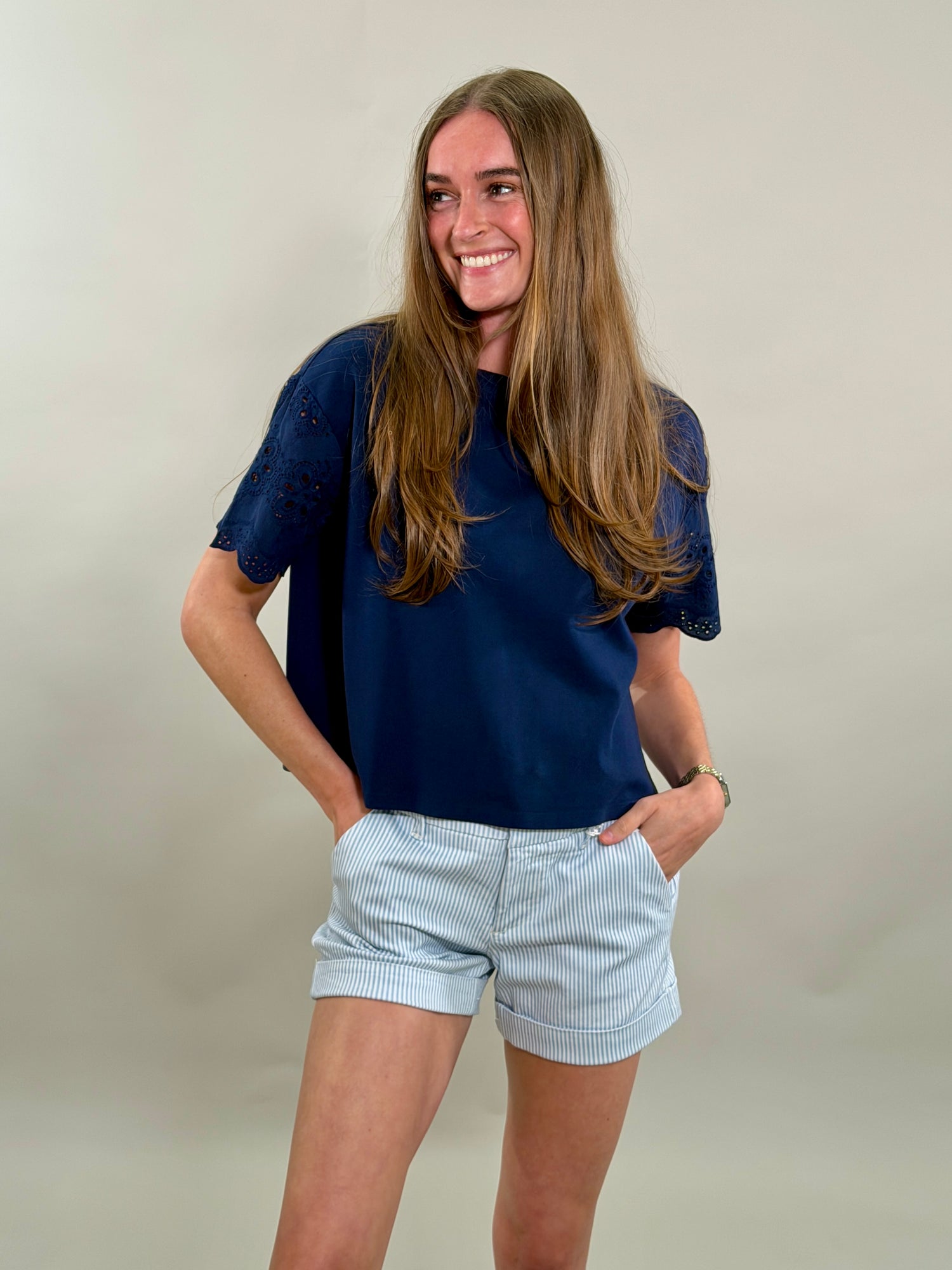 Cropped Boxy Tee with Eyelet Sleeve