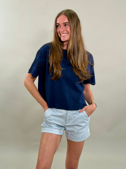 Cropped Boxy Tee with Eyelet Sleeve