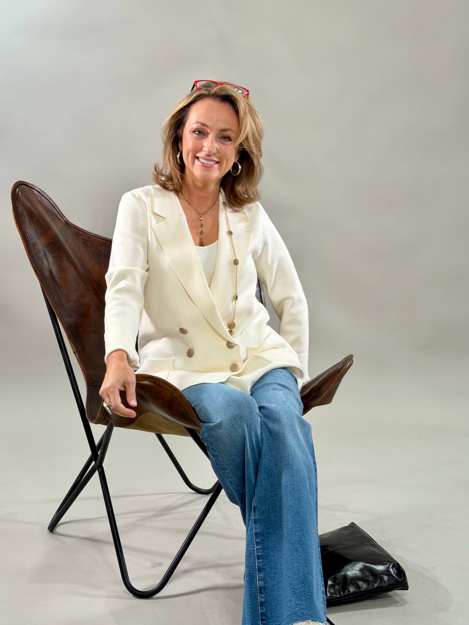 Cream Double Breasted Knit Blazer