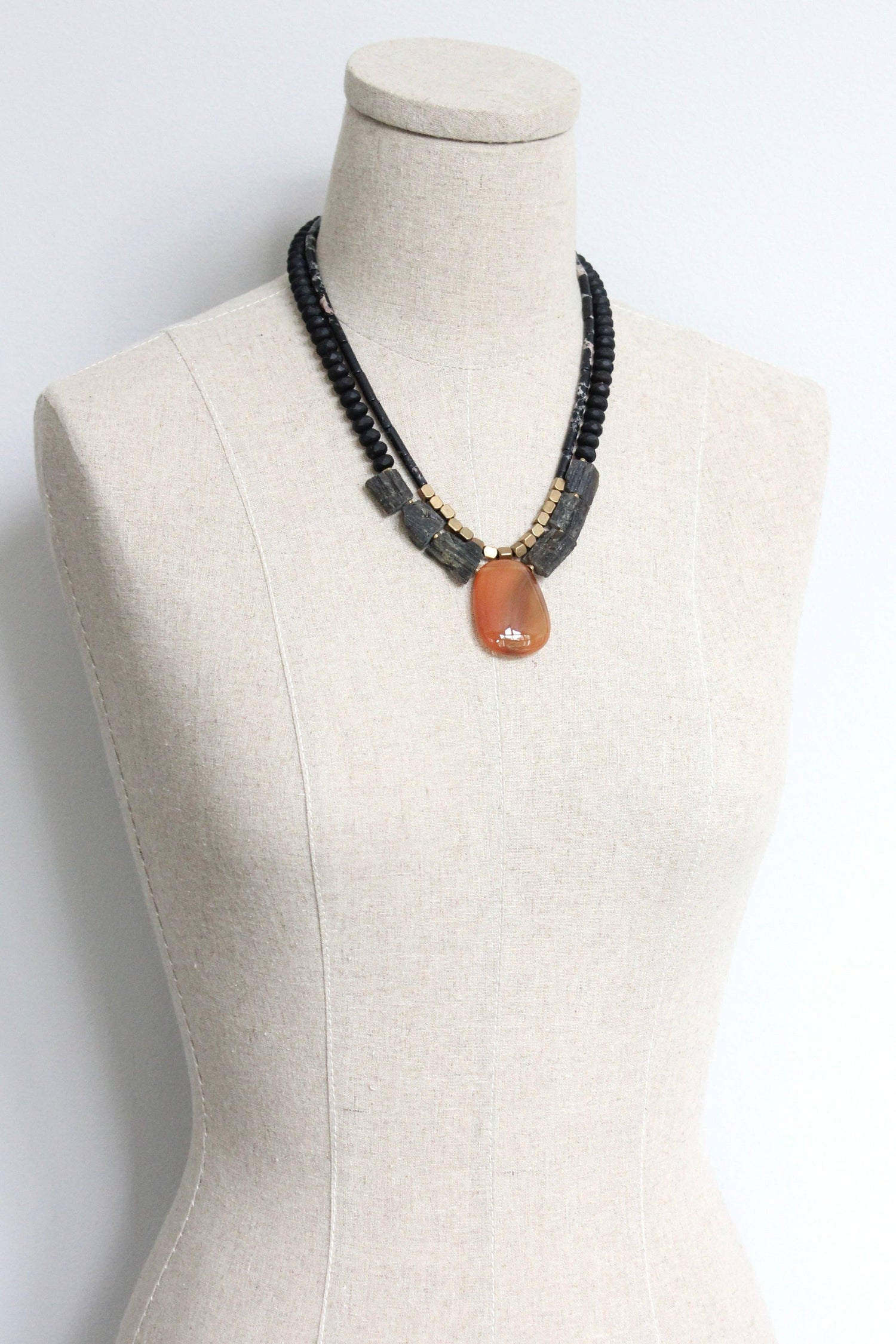Double Strand Tourmaline and Carnelian Pendant Necklace