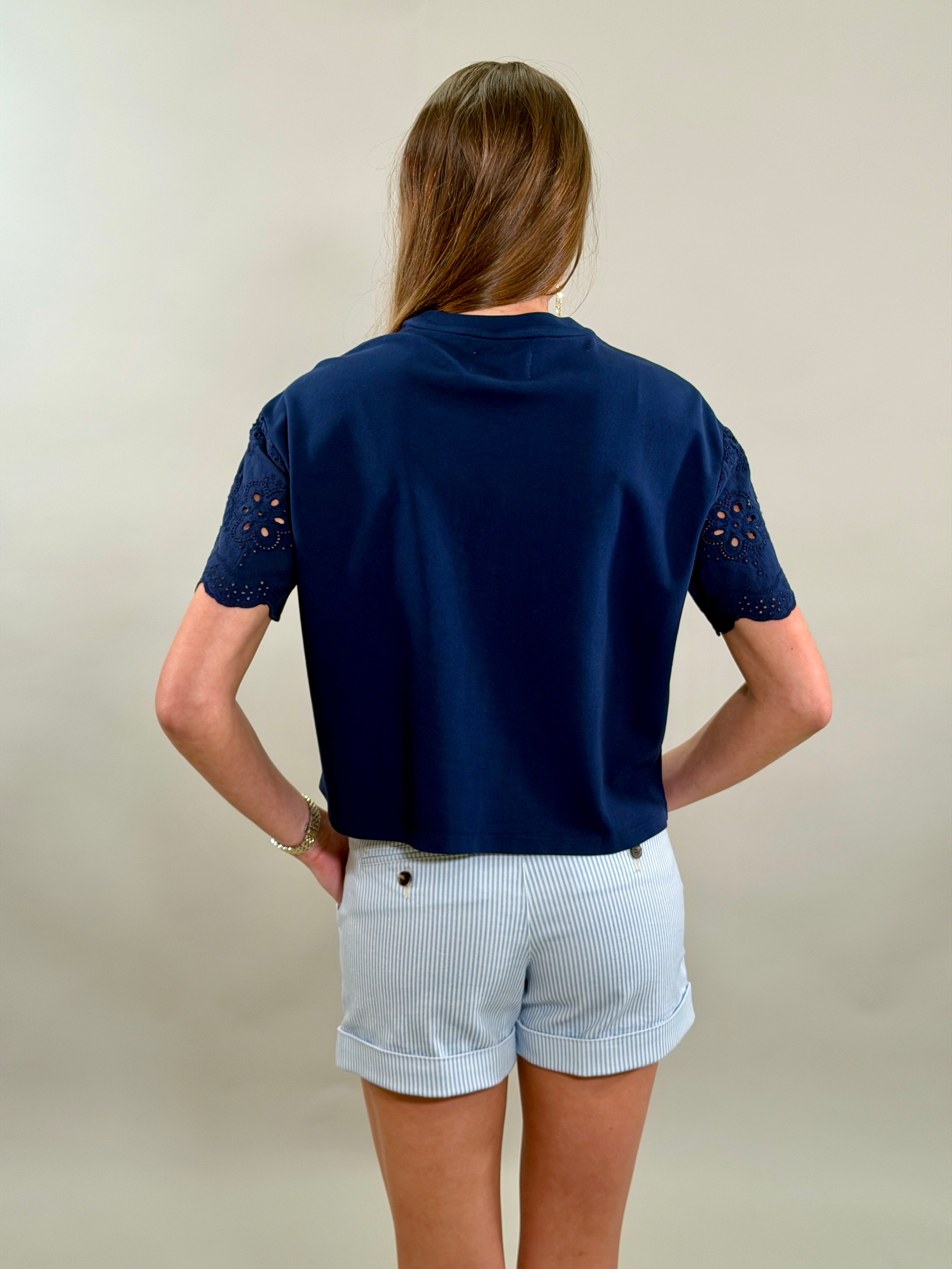 Cropped Boxy Tee with Eyelet Sleeve