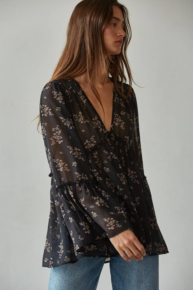 Woven Polyester Chiffon See Through Floral Blouse with Ruffle Trim Detail