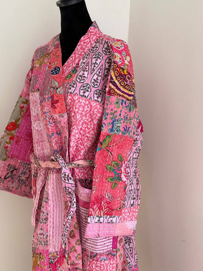Reversible Pink Quilted Cotton Kimono Robe