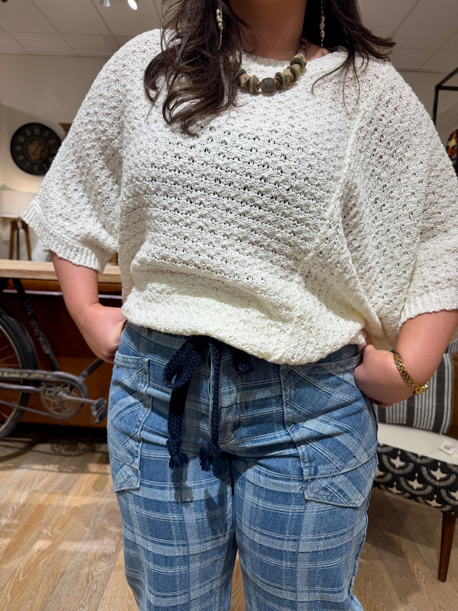 Plaid Semi Barrel Jeans with Tie Belt