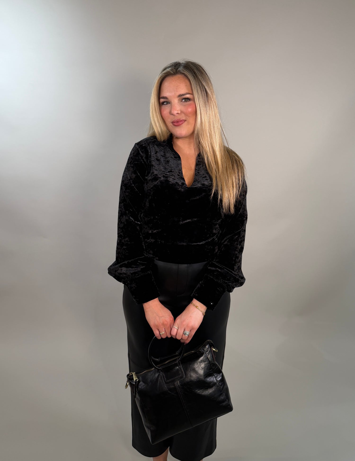 Black Crushed Velvet V-Neck Blouse