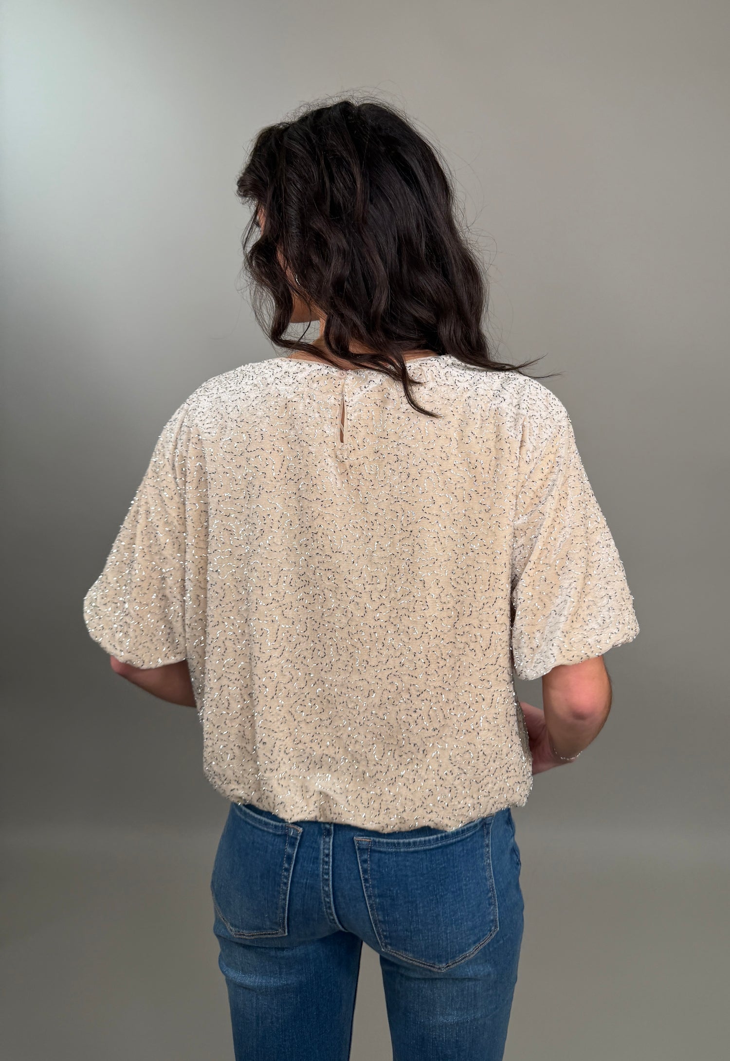 Knit Polyester Spandex Velvet Sequin Bubble Hem Top