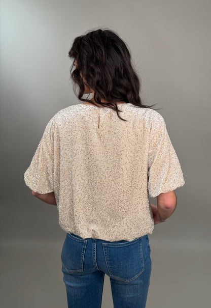 Knit Polyester Spandex Velvet Sequin Bubble Hem Top