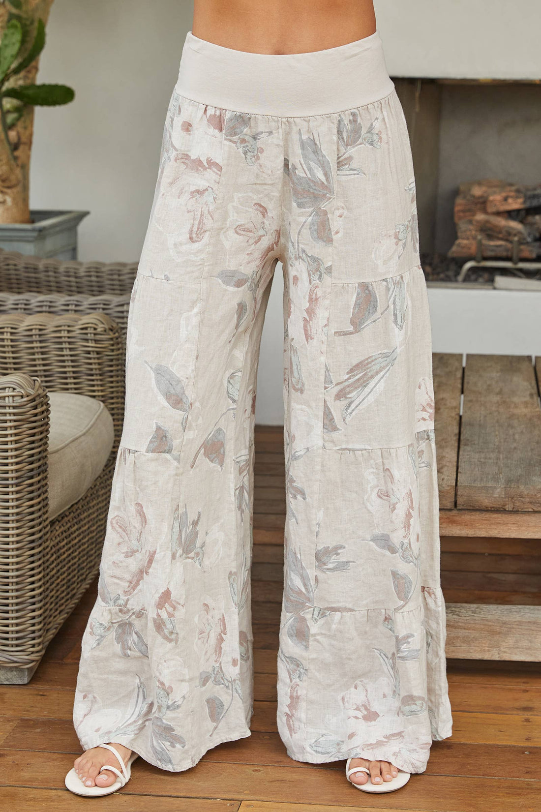 Linen Floral Tiered Palazzo Pant