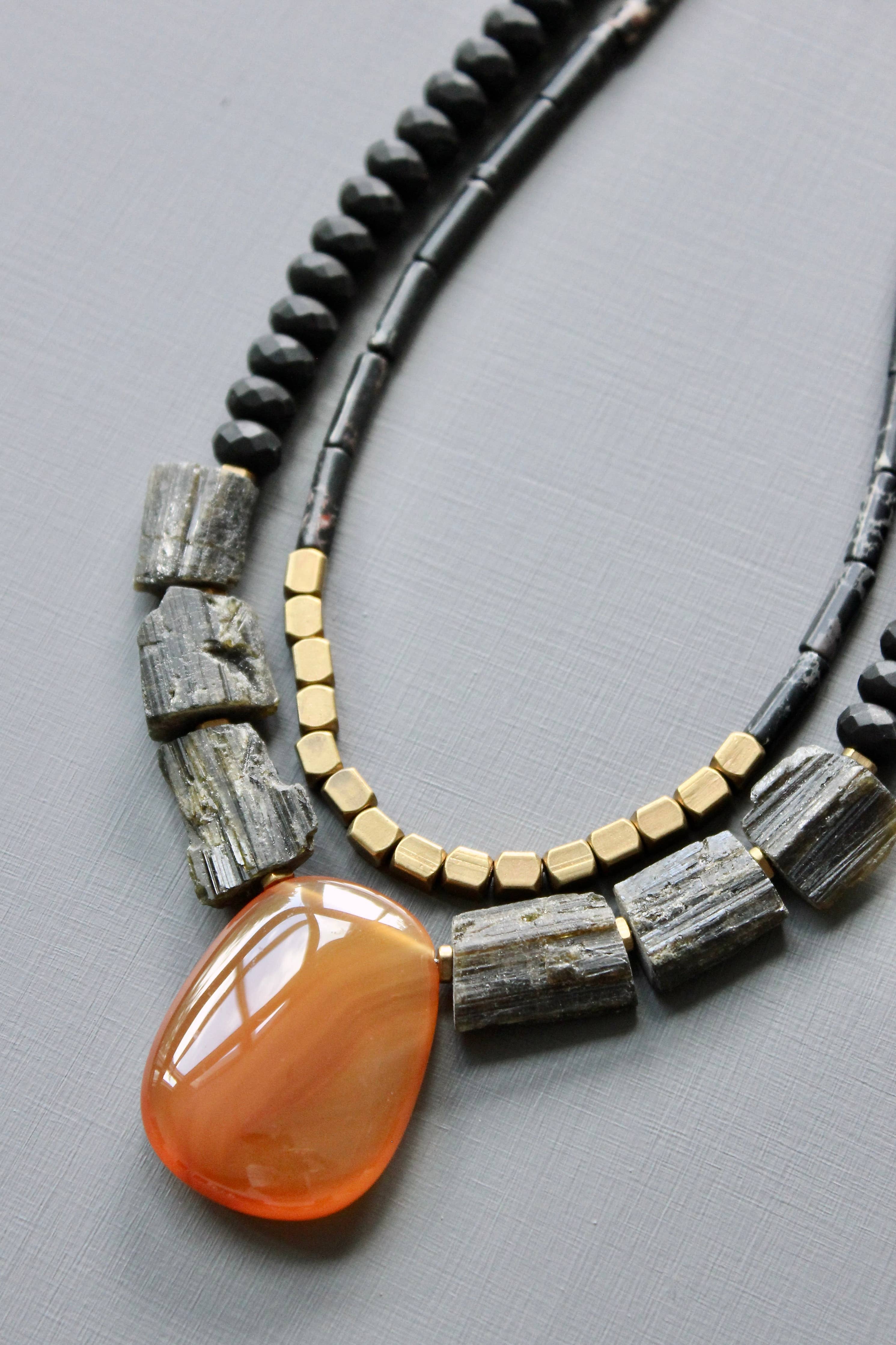 Double Strand Tourmaline and Carnelian Pendant Necklace
