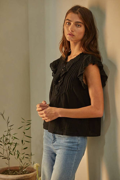 Woven Cotton Linen Button V-Neck Short Sleeve Top