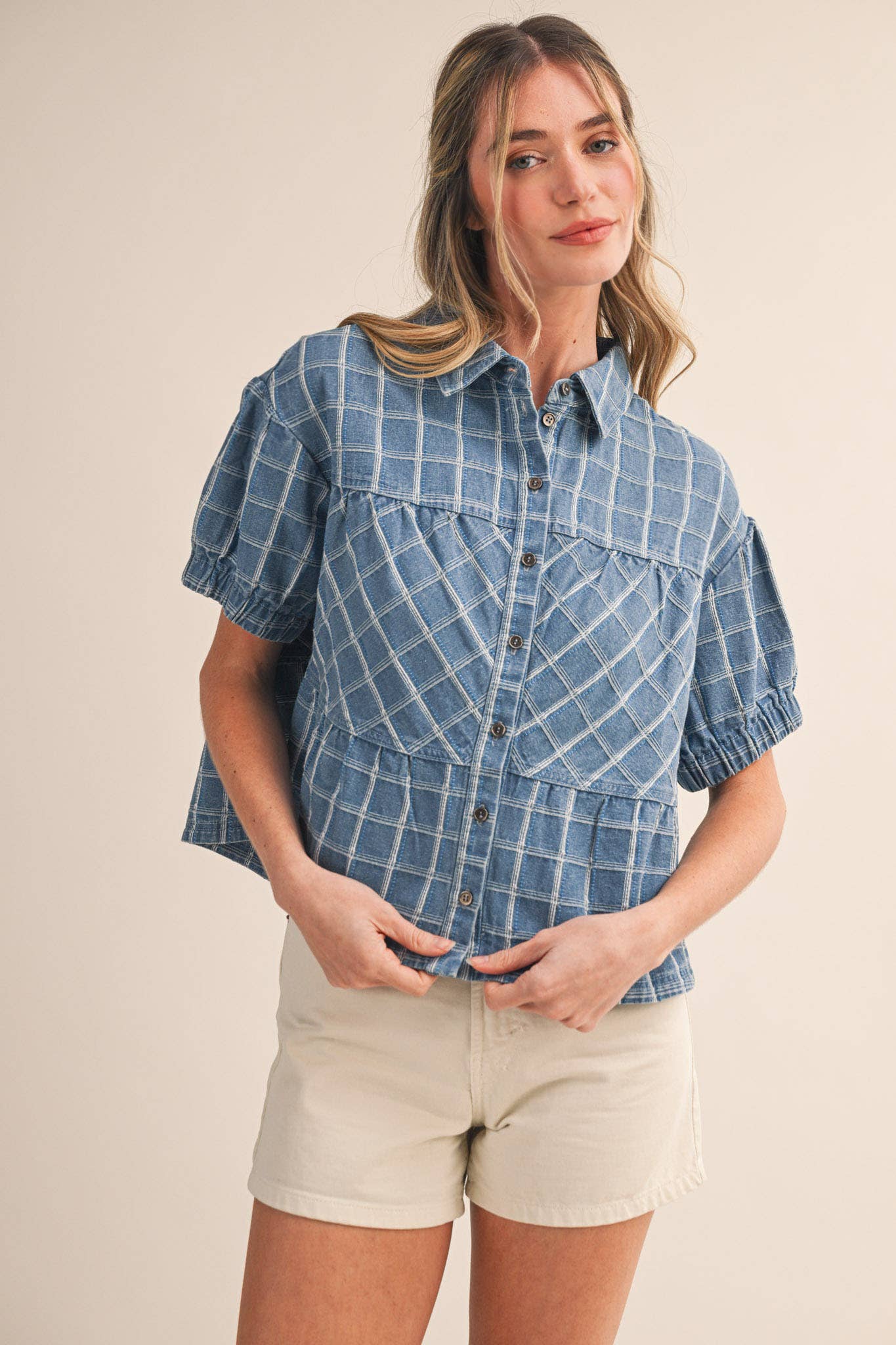 Checkered Denim Button Down Top