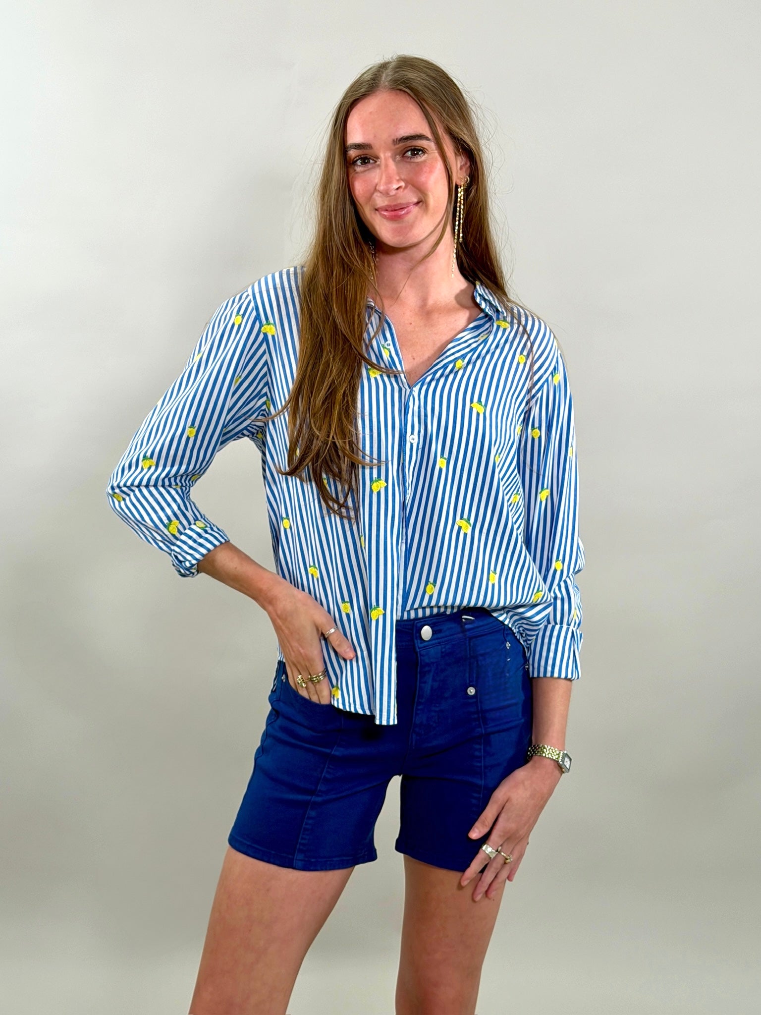 Embroidered Lemon Striped Button-Down