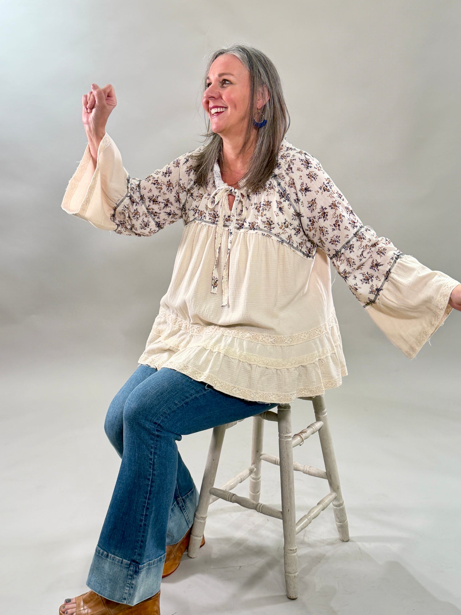 Mixed Media Floral Embroidered Blouse
