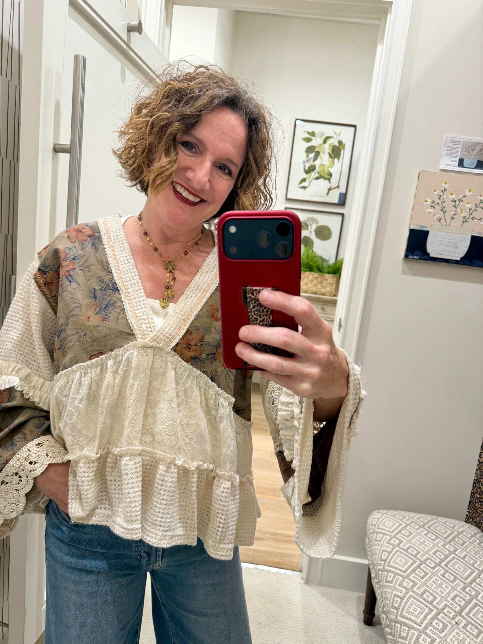 Earth-Toned Patchwork Peasant Top