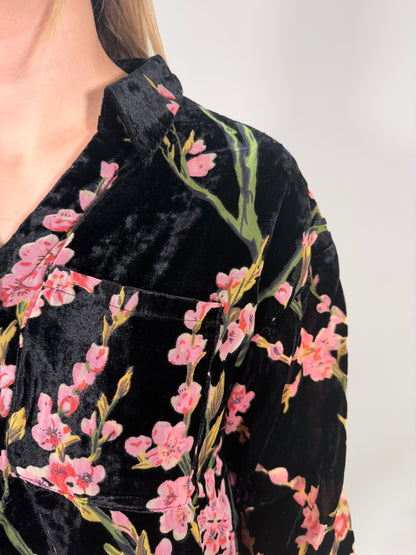 Velvet Cherry Blossom Button-Up Blouse