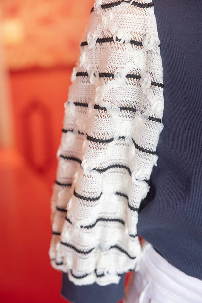 Puff Striped Diamond Tull Detailed Knit Top