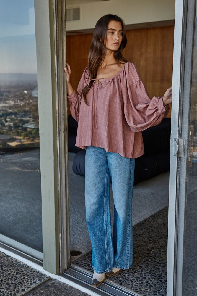 Woven Scoop Neck Long Sleeve Blouse