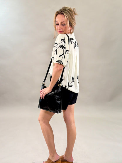 Cream Satin Blouse with Black Floral Embroidery