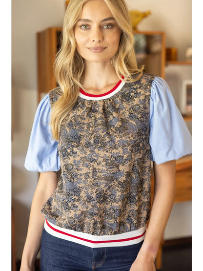Mixed Solid and Floral Jaquard Top
