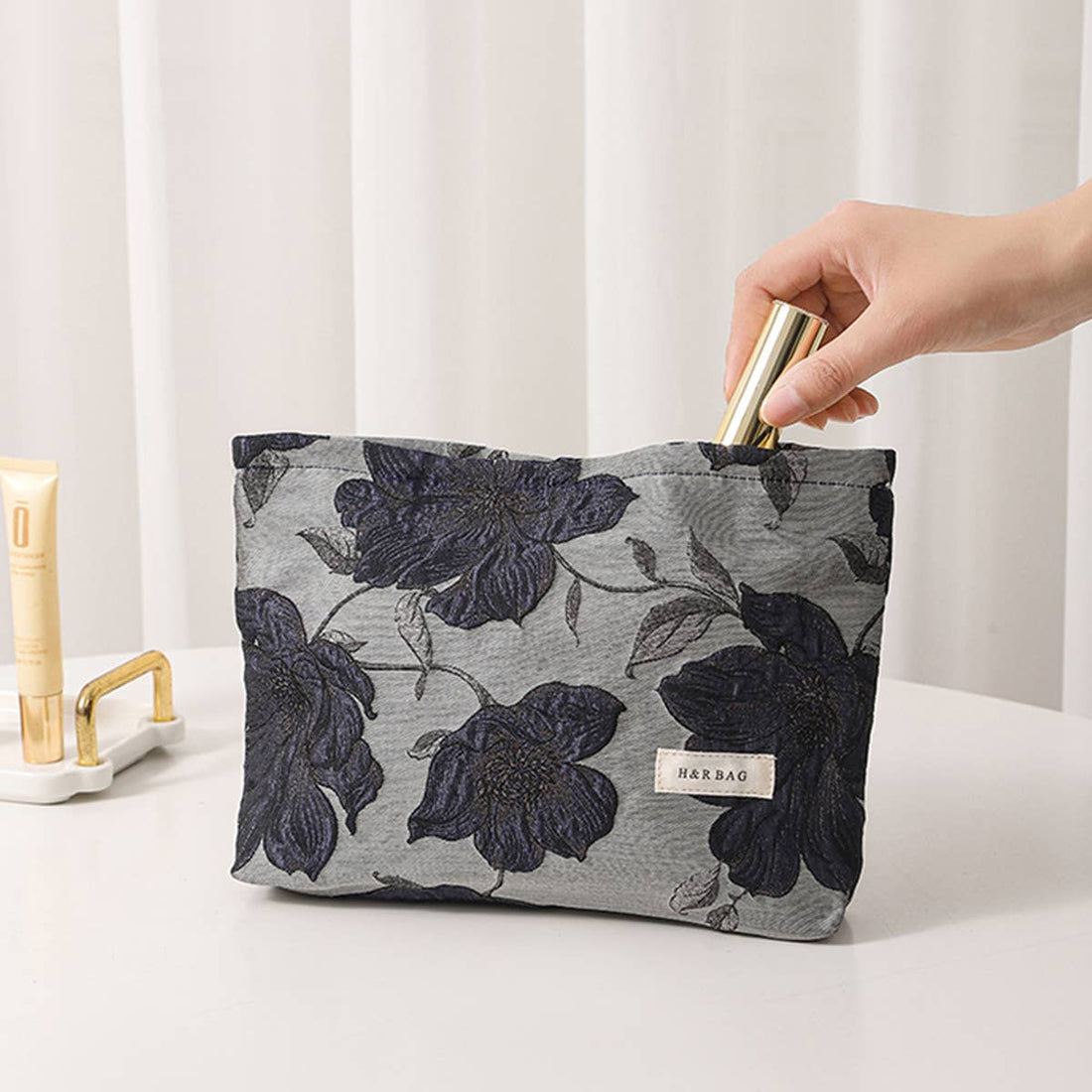 Vintage Navy Gold Jacquard Makeup Bag