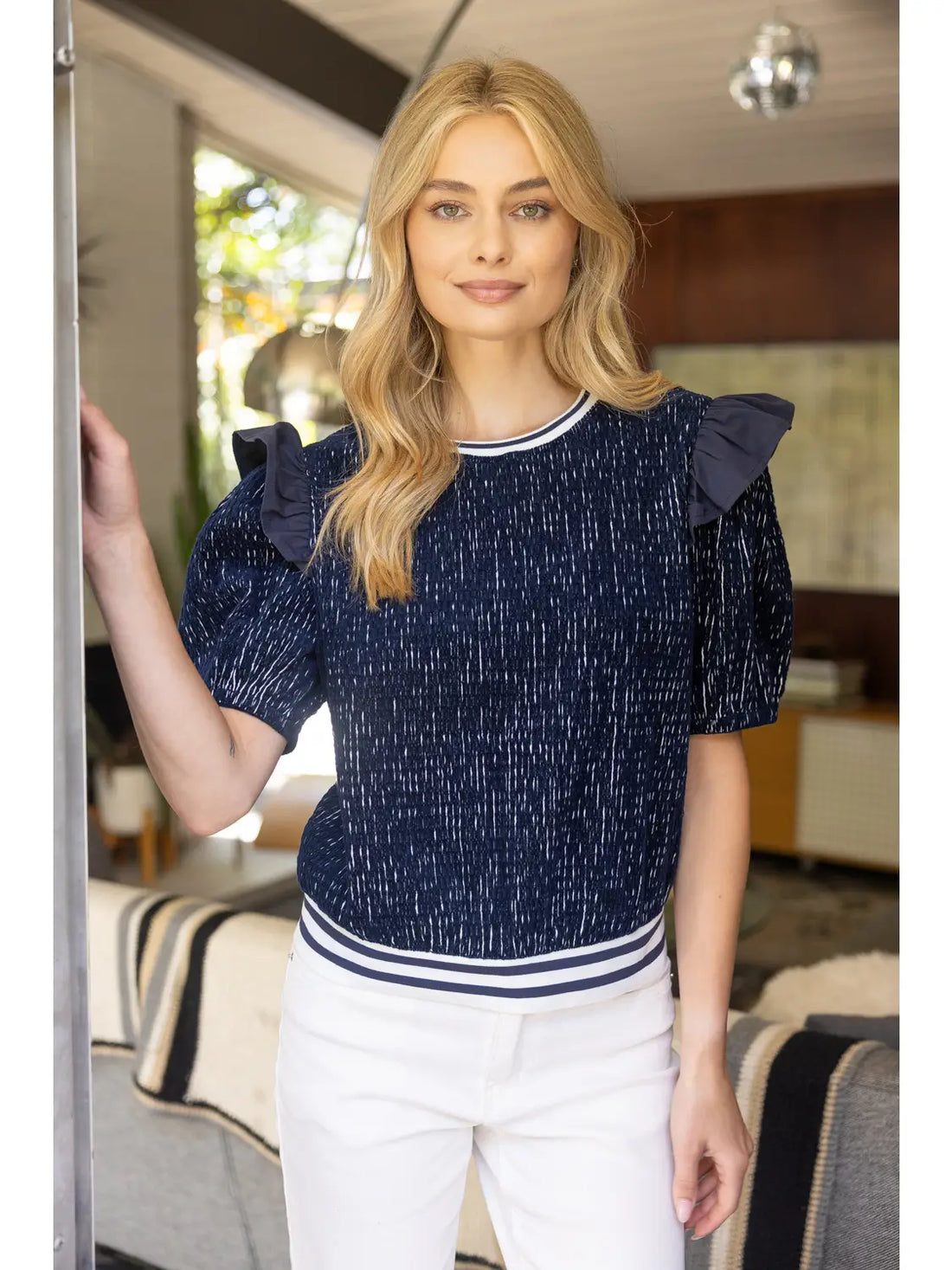 Shoulder Ruffle Textured Knit Top