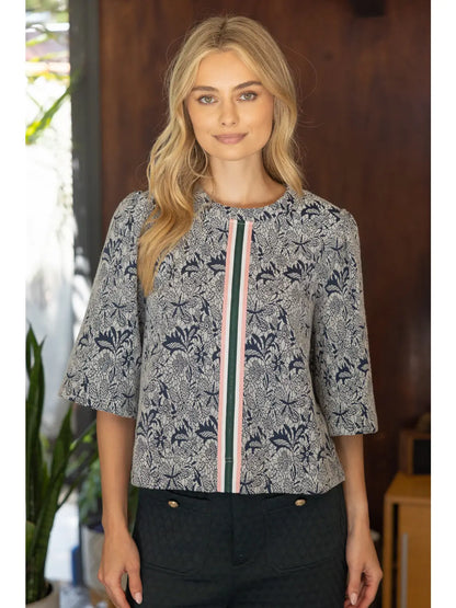 Stripe Trim Detailed Floral Half Sleeve Top