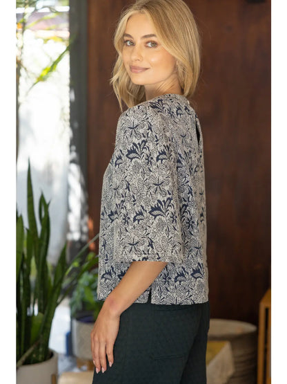 Stripe Trim Detailed Floral Half Sleeve Top