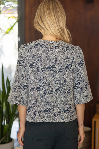 Stripe Trim Detailed Floral Half Sleeve Top